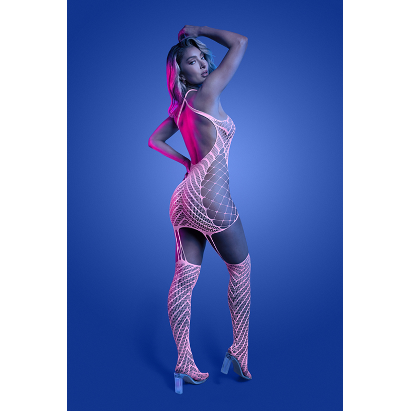METAMORPHIC Glow-in-the-dark bodystocking dress; glows pink | White | OS