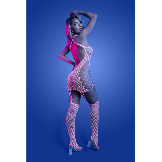 METAMORPHIC Glow-in-the-dark bodystocking dress; glows pink | White | OS